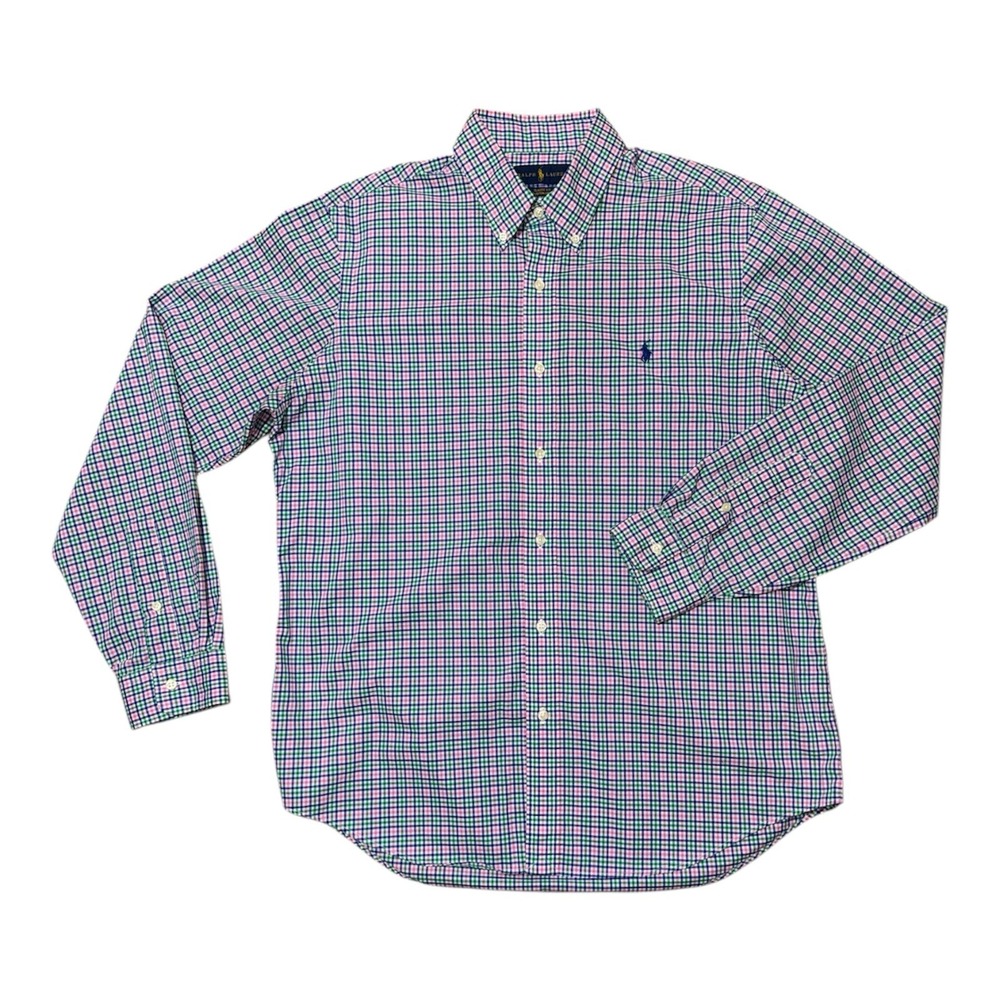 Ralph Lauren Classic Fit 100% Cotton Stretch Shirt Mens L Blue Green Pink Check